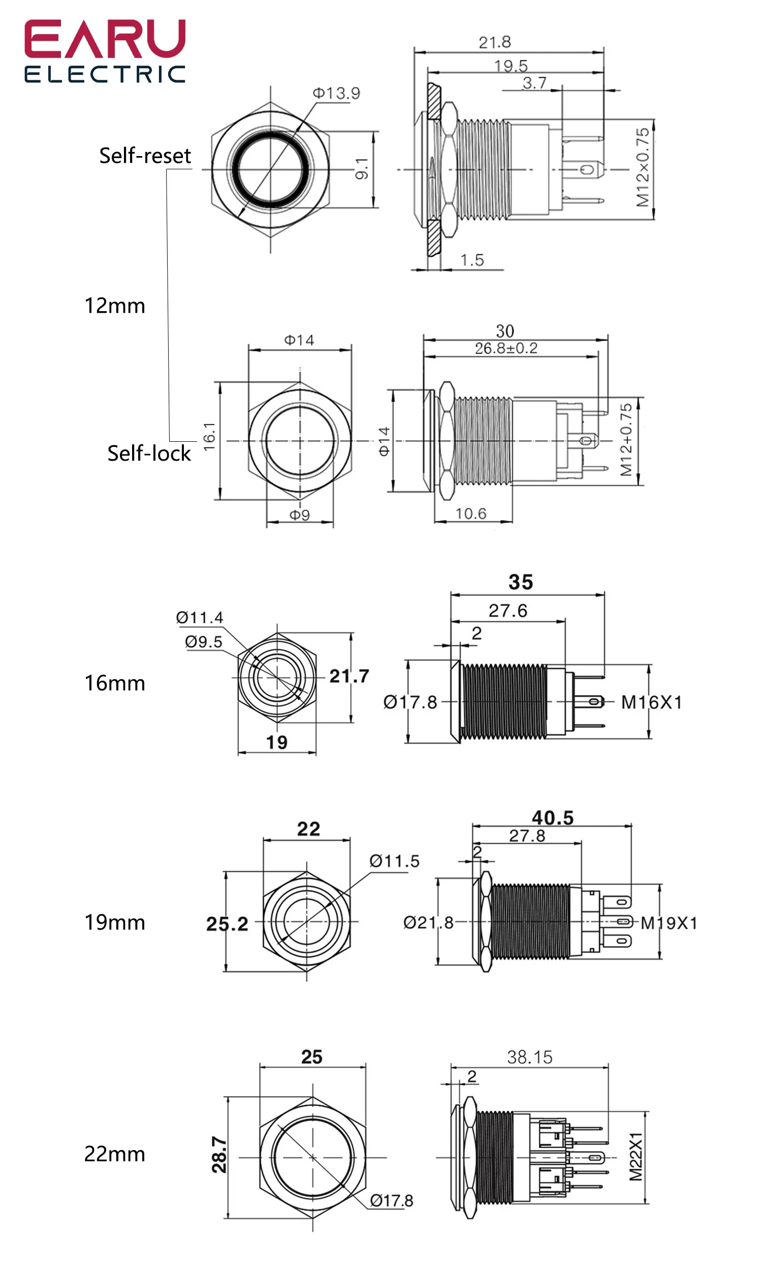 防水金属プッシュボタンスイッチ,LEDライト付き,車のエンジン用,赤,青,5v,12v,24v,220v,12mm, 16mm 19mm、22mm