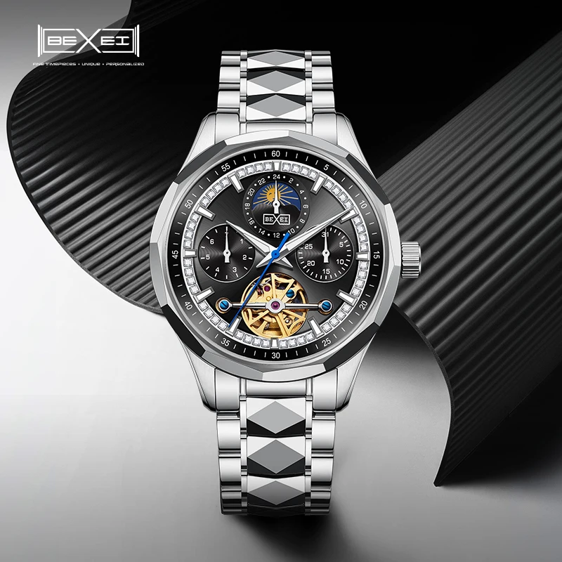 

BEXEI 9133 Bermuda series mechanical watch for men tungsten steel inset white diamond fashion sapphire luminous business watch