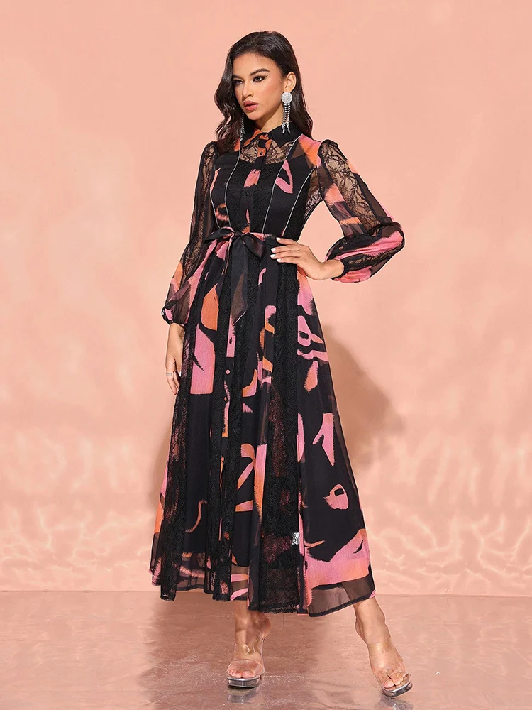 TOLEEN 2pcs/Set Women Elegant Random Lace Print Dress 2025 New Summer Fashion Casual Vintage Formal Party Evening Long Dresses