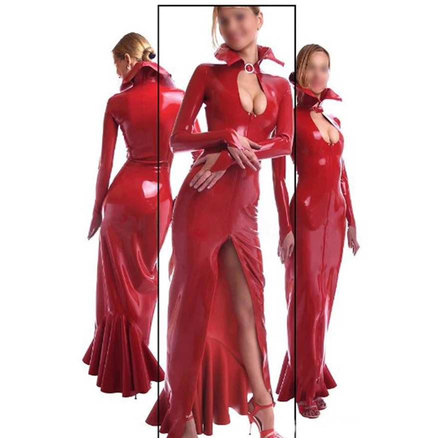 

Red Sexy Latex Women Dress Unique Rubber Men Fish Tailed Evening Gown Handmade Clothing with Front Zip S-LD077