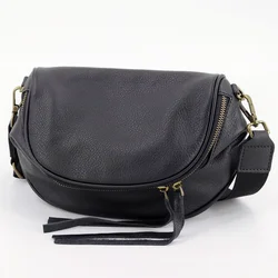 Vintage Women Wide Single Strap Saddle Crossbody Bag Genuine Leather Tote Bag Female Semicircle Design Shoulder Messenger Bag