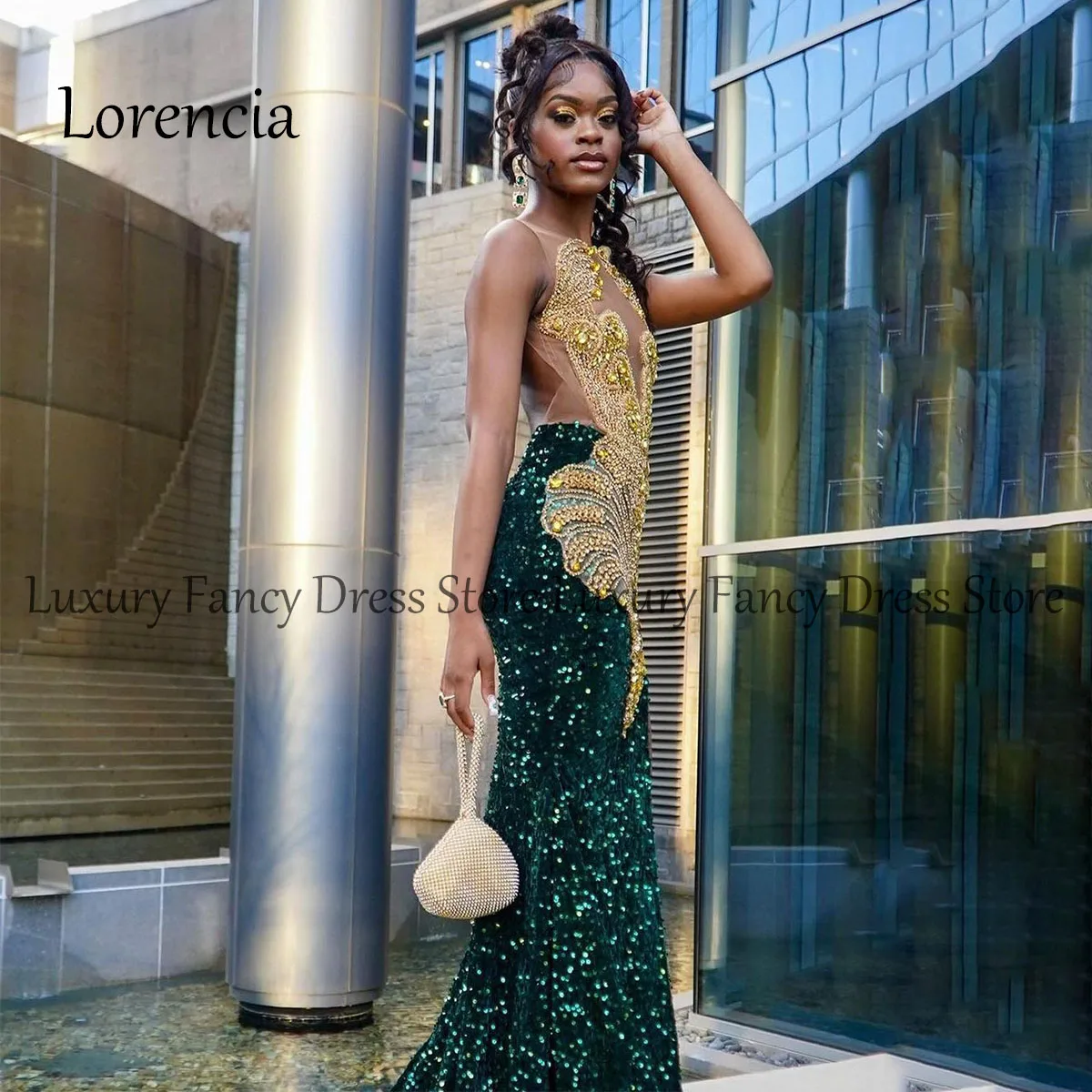 Vestido largo de sirena con diamantes para niñas negras, vestidos de noche elegantes con lentejuelas y diamantes de imitación, abertura lateral, vestidos de fiesta de boda