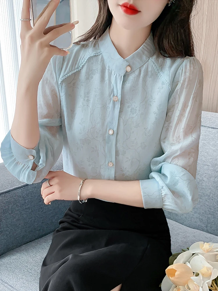 

Женская свободная блузка с длинным рукавом и воротником-стойкой из шифона, стройнящая, весна 2025, новая модель Sle Feni Xuan, для офиса, в корейском стиле