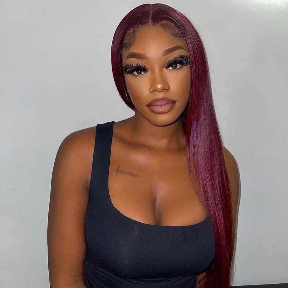 

Парик из натуральных волос 99J Burgundy HD Lace Front, предварительно проработанный, красный, 13x6 HD, прямой, с кружевной основой, для женщин, плотность 200%