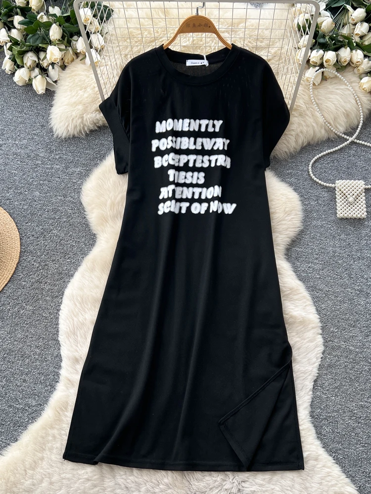 American Casual Style Letter Print Dress Women Summer Korean Version Short Sleeve Loose A-Line Long Dress Commuting