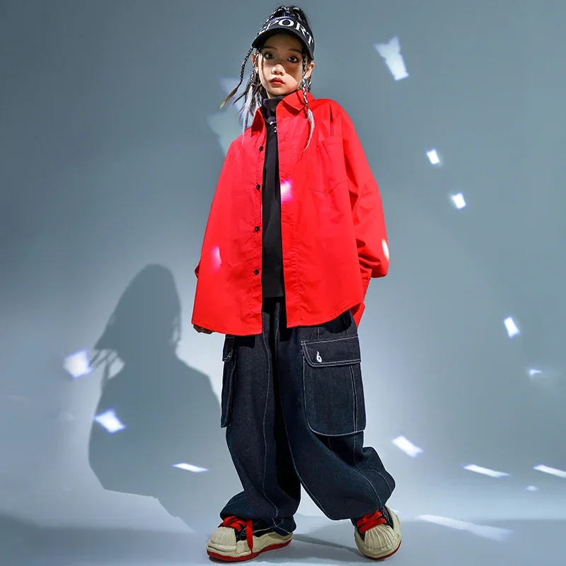 Kinder Hip Hop Kleidung Rote Jacke Mantel Casual Street Strap Cargo Hosen für Mädchen Junge Jazz Dance Kostüm Teenager Kpop Kleidung