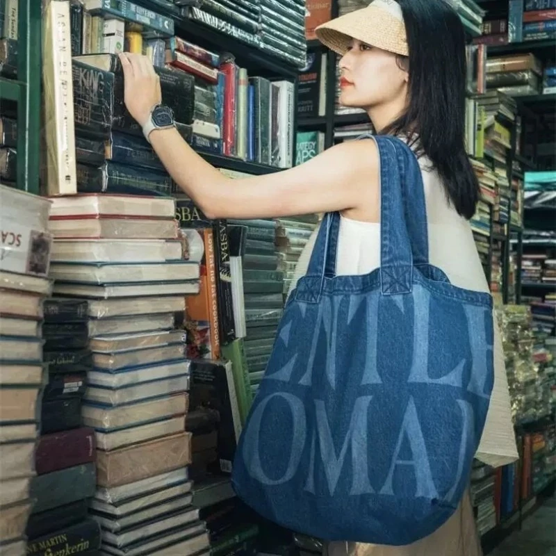 GEETLE WOMAN Thai niche classic denim tote large bag letter handbag out travel canvas bag