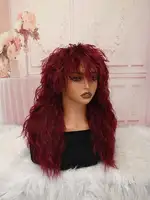 Wine Red Shaggy Layered Curly Wig with Fringe, Glueless Breathable Synthetic Wig for Women Fashion Look 4