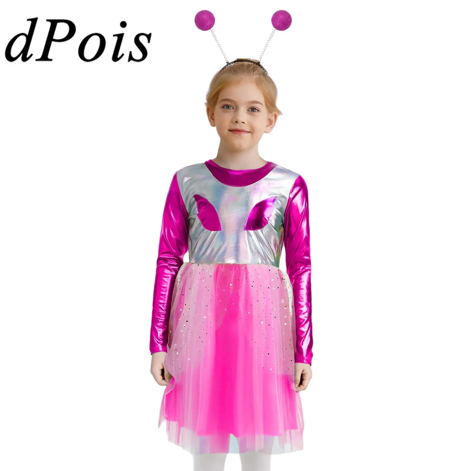 

Детский космический костюм милашки для девочек на Хэллоуин, платье инопланетянина, комплект костюмов от 2 до 14 лет, детское нарядное платье с космическим роботом и обручем для волос