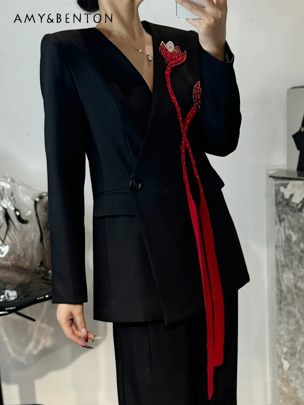 High Sense Fashion Professional Suit Spring and Autumn Heavy Industry Handmade Beads Loose Coat Wide-leg Pants Two-piece Set