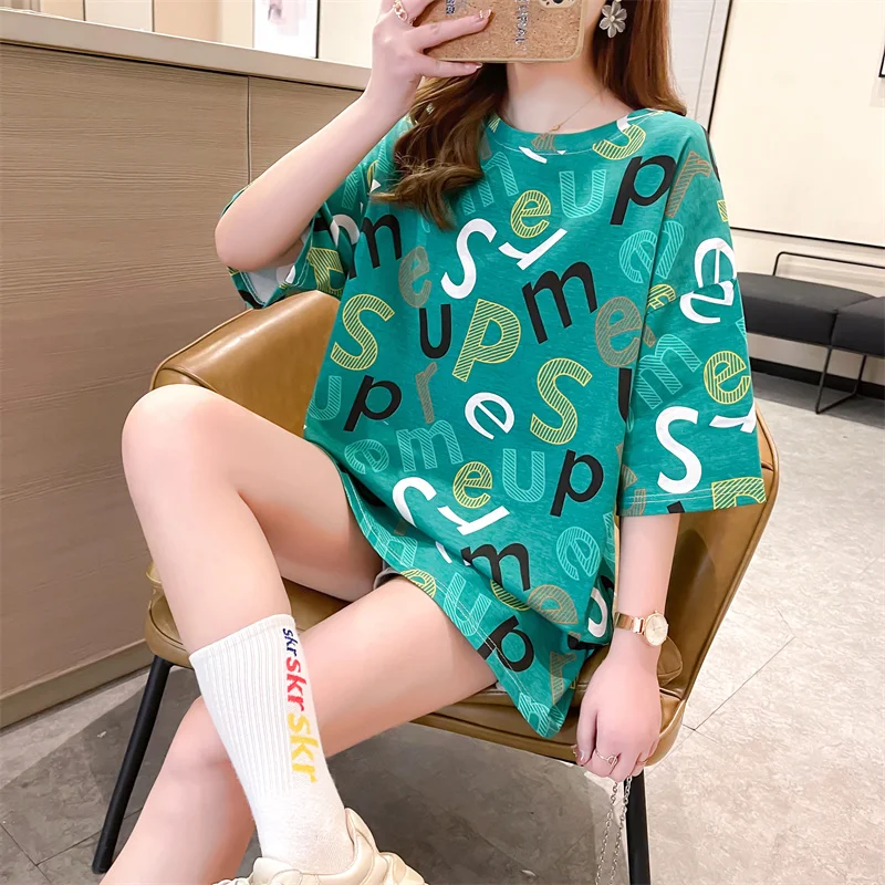 

Harajuku Female Tshirt letter Print Short Sleeve green Tops Tees Fashion Casual T Shirt Women Clothing T-shirts NS5014