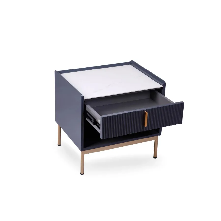 White Grey End Table Stone Top Gold Frame Modern Nightstand