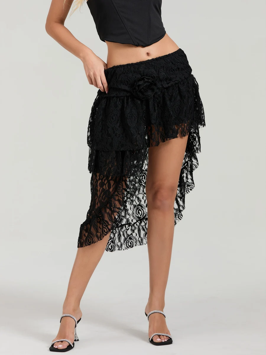 

Women's Summer Lace Skirt High Waist Asymmetric Ruffled Hem Skirt Elegant A-Line Midi Skirts Y2K Vintage Aesthetic Streetwear