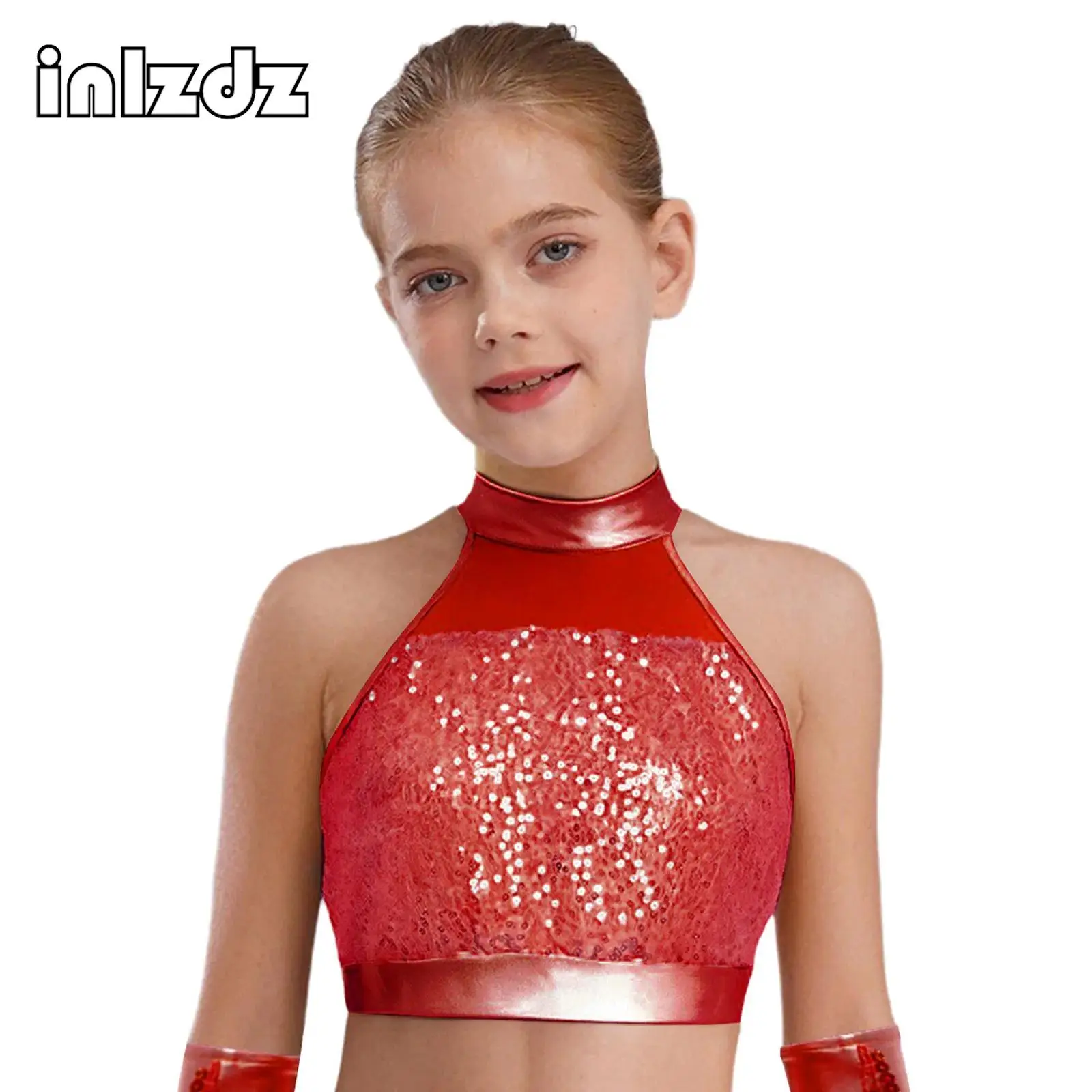 

Kids Girls Street Dance Performance Tops Sleeveless Mock Neck Glitter Sequin Keyhole Back Crop Top Jazz Latin Hip Hop Dancewear