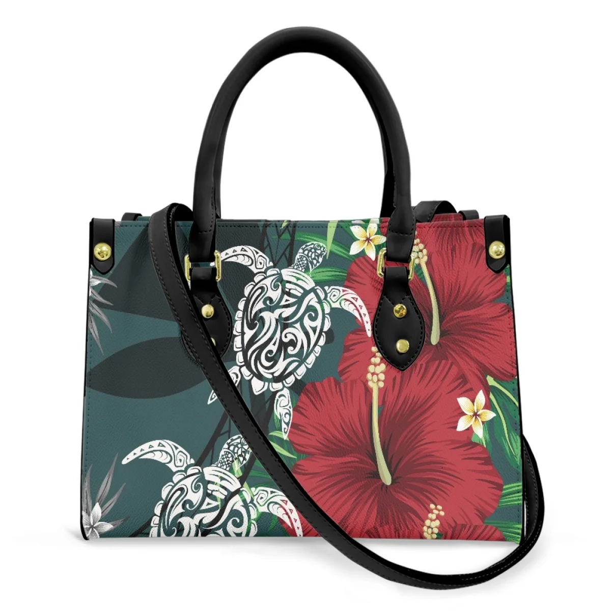 Polynesian Tribal Printed Crossbody Bag for Women Hawaiian Hibiscus Flower with Tattoo Sea Turtle Pattern Leather Handbag Female