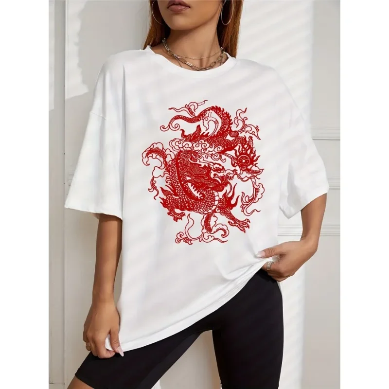 Women T Shirt Harajuku Y2K Streetwear Tops Korean Fashion Gothic Dragon Print Short Sleeve Clothes Aesthetic Oversized T-shirt