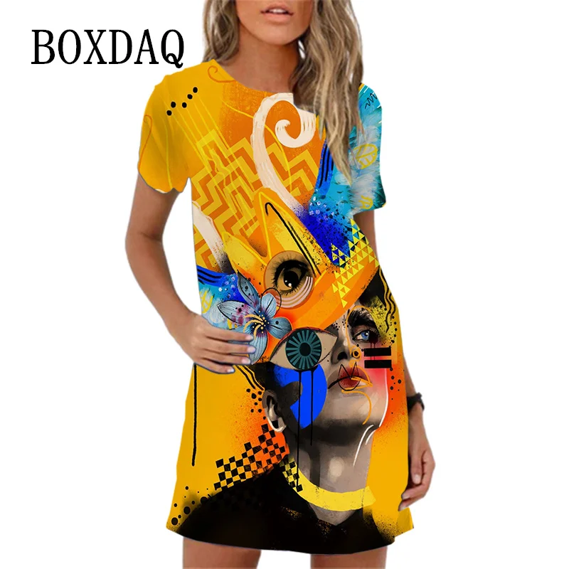 Fashion Personalized Abstract Patterns Print Women Dresses New Summer Beach Dress Casual Short Sleeve Loose A-Line Dress Women's