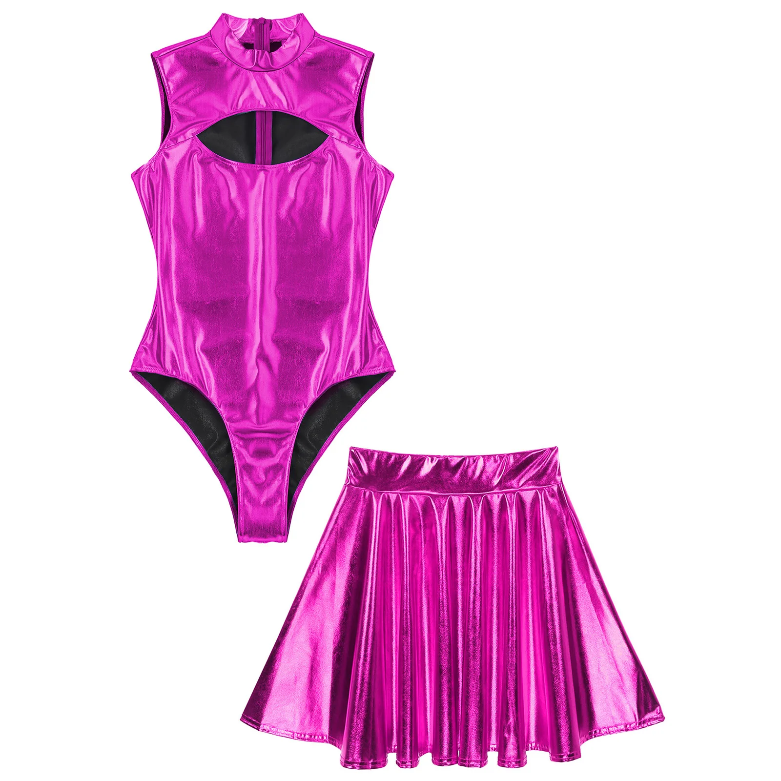 Costume da bagno sexy a due pezzi da donna, costume da spettacolo in discoteca, body metallizzato senza maniche con gonne, costume sportivo da spiaggia