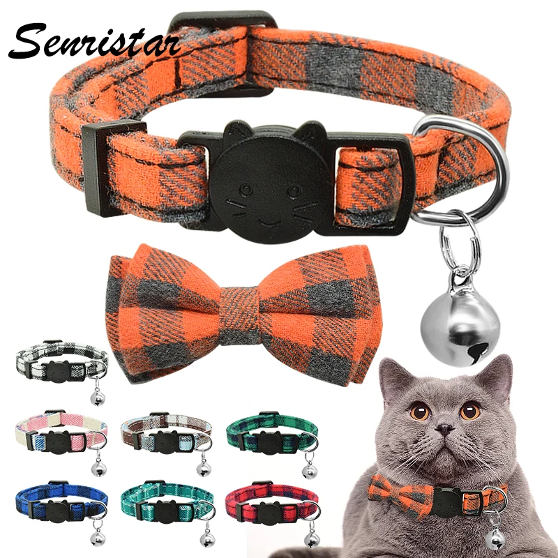 

Grid Bow Tie Cat Collar Bell Safety Breakaway Bowknot Cat Collar Adjustable Soft Nylon Cat Collar Necklace Pet Cat Accessories