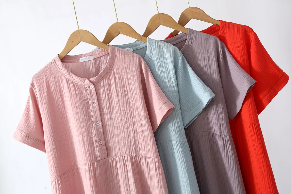 New Women Short Sleeve Crepe Gauze Four-button Long Skirt Nightdress Home Dress Round Neck Short Sleeve Nightwears for Ladies