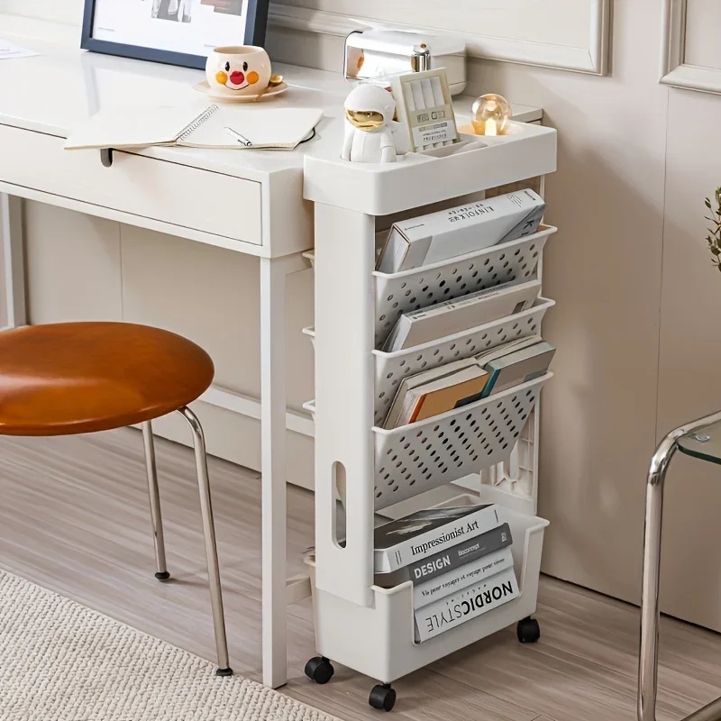 ZEXEF 5 Layer Movable Bookcase Organizer Simple Bookcase Classroom Office Multi-layer Family Rolling Book Truck White Durable image 5