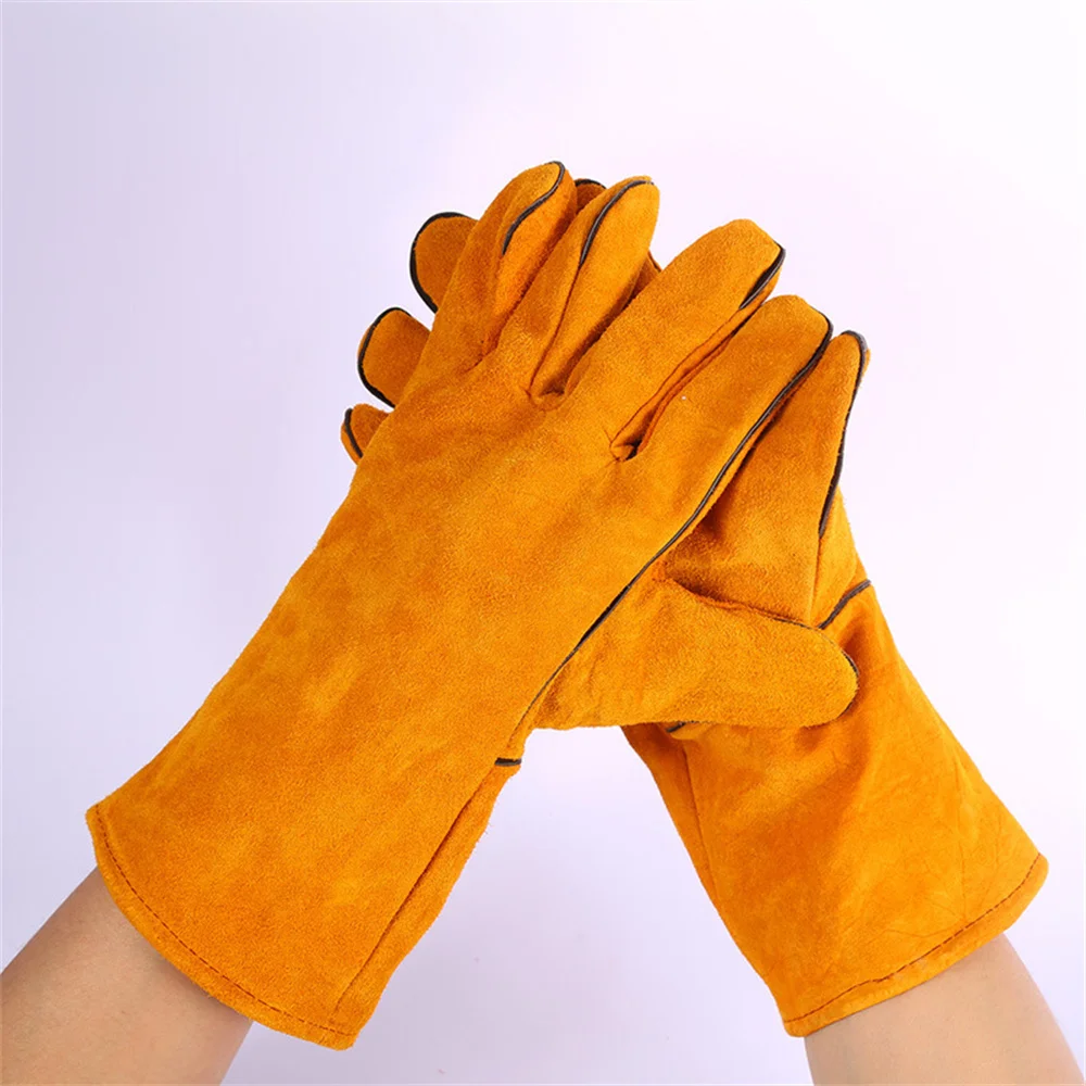 Cowhide Long Welding Gloves,  Worker Labor Protection, Wear-Resistant, High-Temperature Extended Double-Layer Leather Others