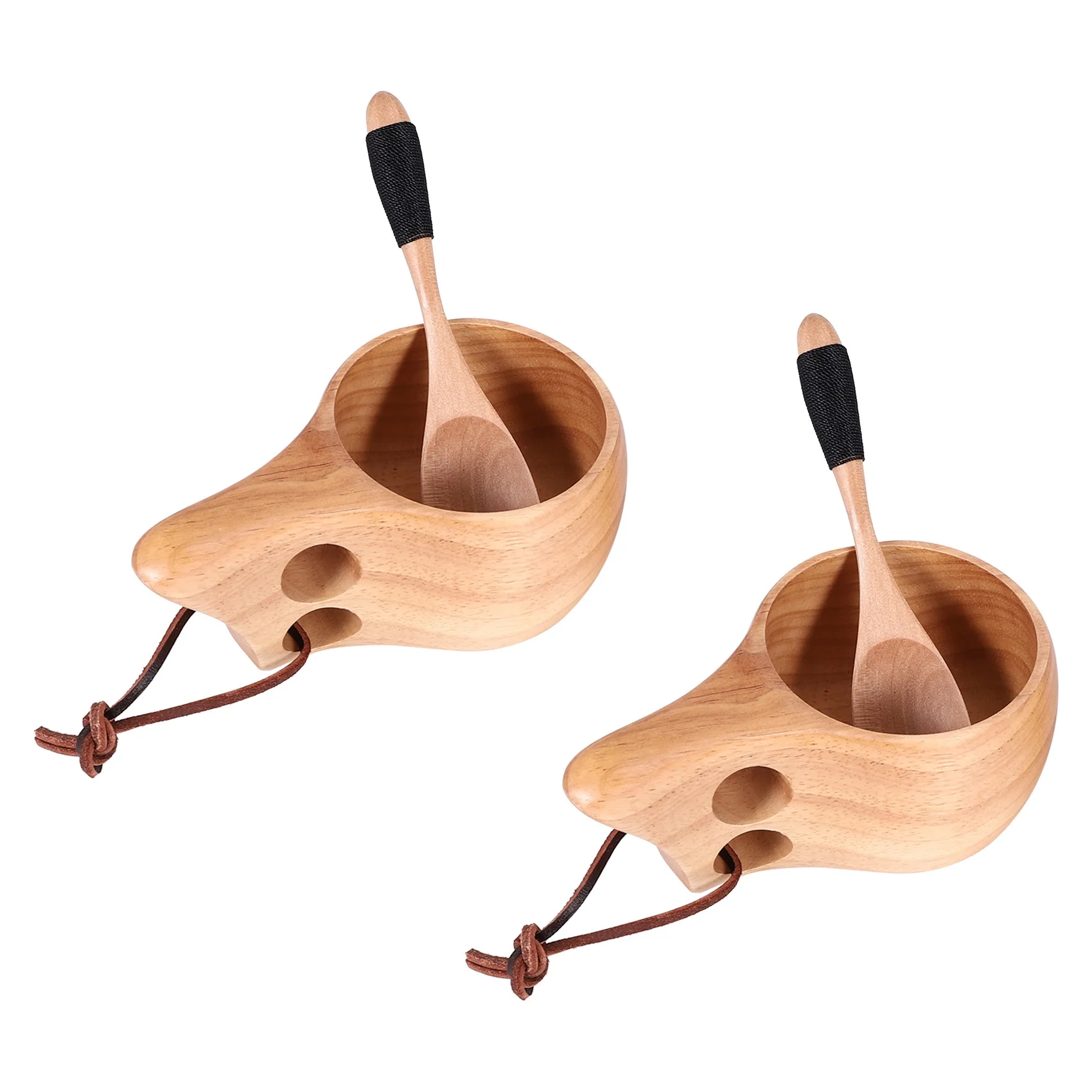 2Pack Nordic Style Wooden Cup Kuksa Cup Portable Outdoor Camping Drinking Mug Wooden Coffee Cup with Wooden Spoon