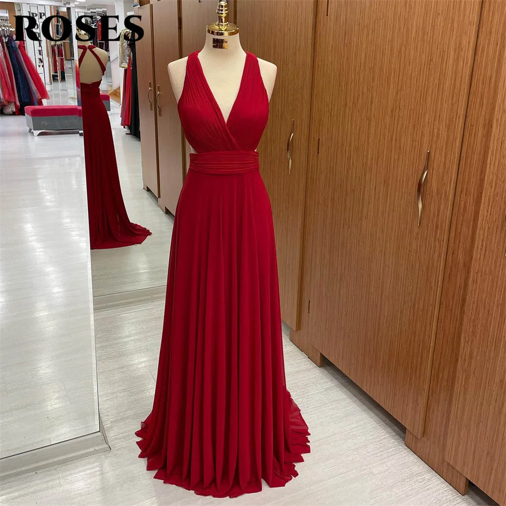 

ROSES Tank V Neck Evening Gown Chiffion Elegant Prom Dress Pleat Wedding Evening Dress with Sweep Train Custom robes de soirée