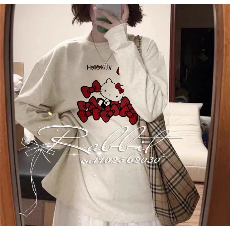 

2025 Fashion Campus Style Y2k Cute Bow Hello Kitty Long Sleeve Women's Clothing Parent Child 3D Printed Fashion Sports T-shirt
