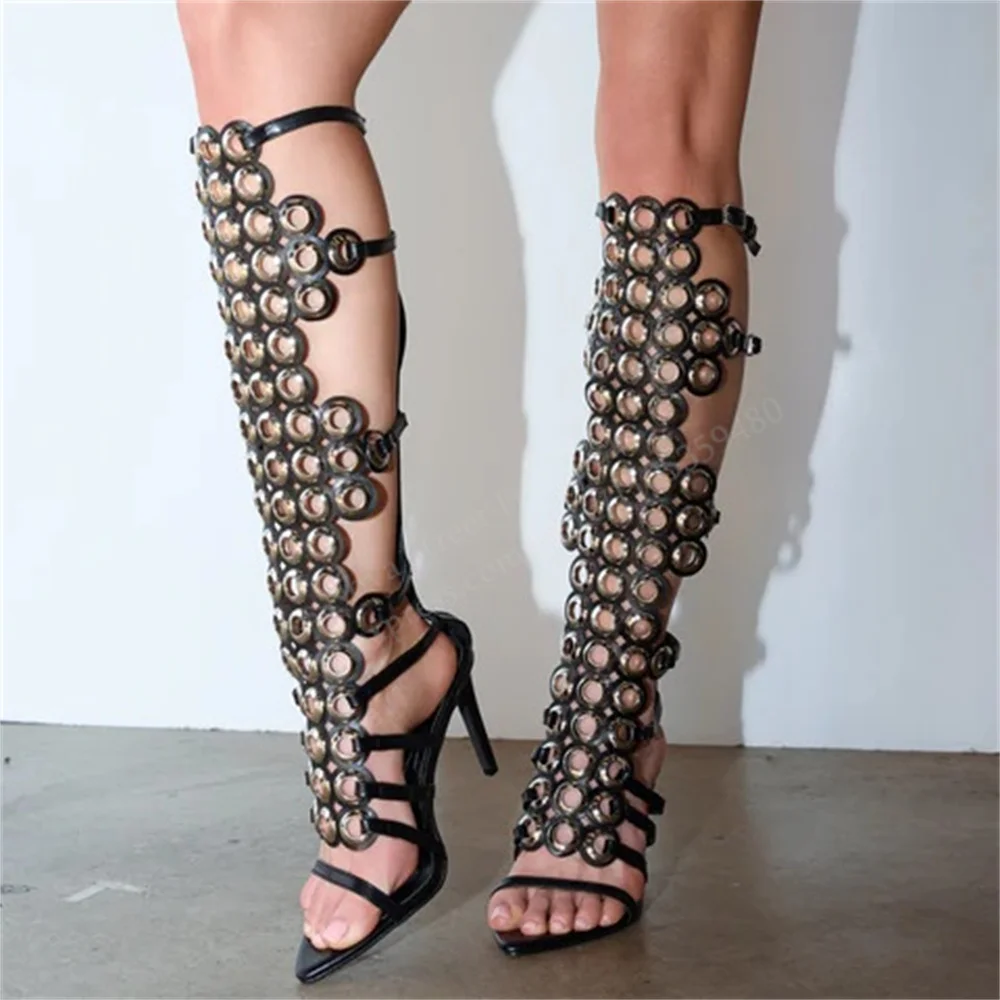 

Sexy Metal Hollow High Heel Sandals Women Black Leather Pointy Toe Stiletto Heel Summer New Back Zipper Runway Style Shoes