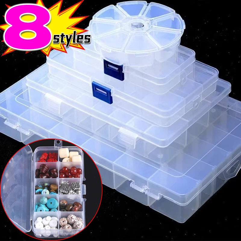 

8 стилей, прозрачная шкатулка для ювелирных изделий, большая вместительная квадратная пластиковая коробка для хранения, чехол для таблеток, ювелирных изделий, бусин, чехол для сережек, органайзер