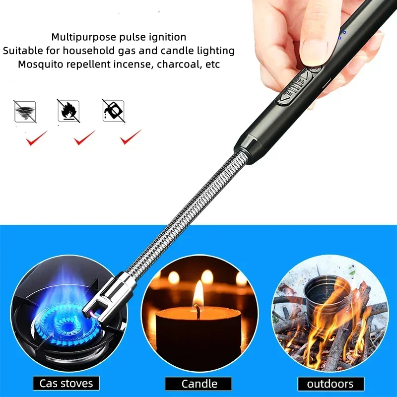 2023 New USB Electric Rechargeable Kitchen Lighter for Stove Windproof LED Plasma Arc Flameless Candle Unusual Lighters Outdoor