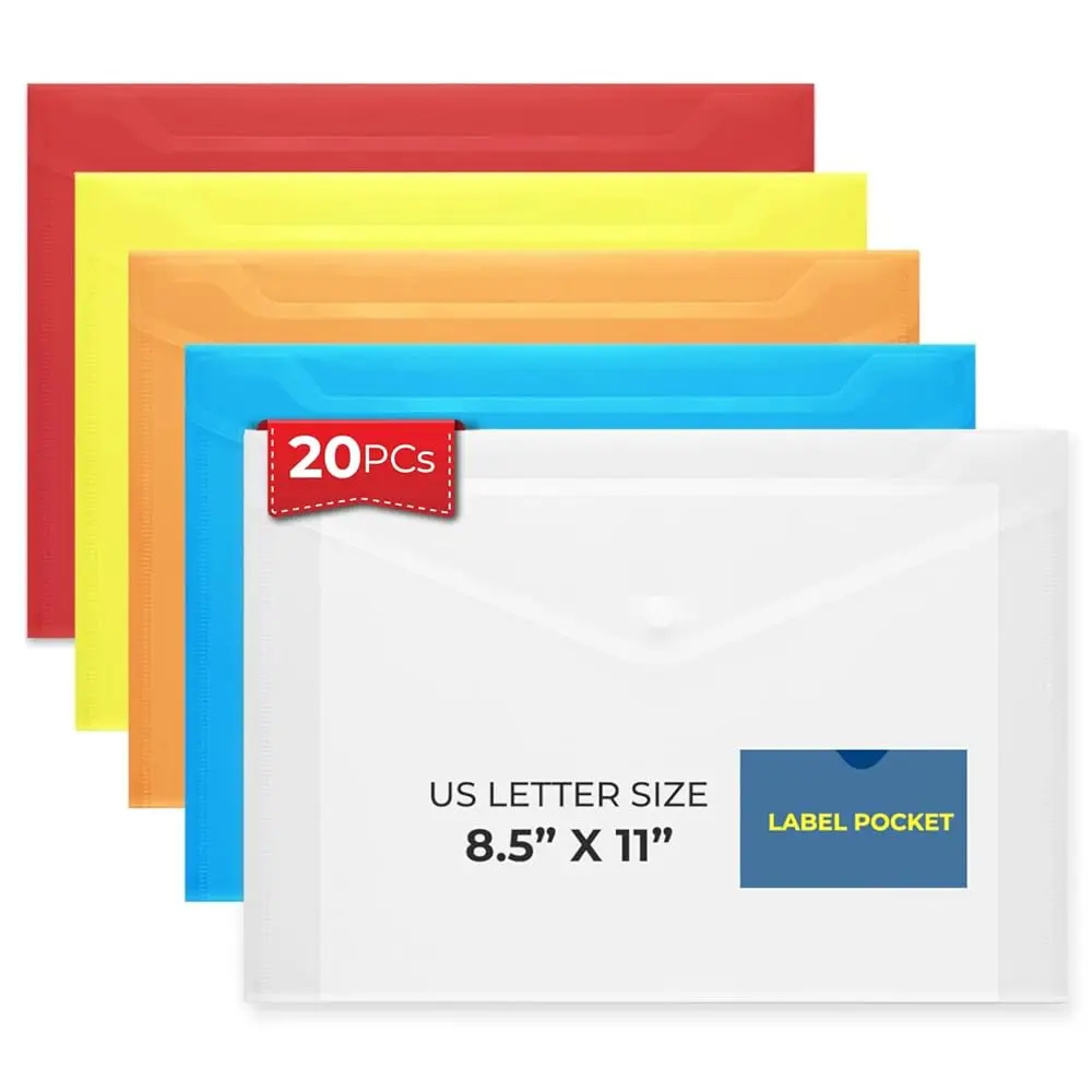 

20 Pack Plastic Envelopes with Snap Closure & Label Pocket, 5 Colors, Reusable Poly Envelopes Waterproof for A4, US Letter S