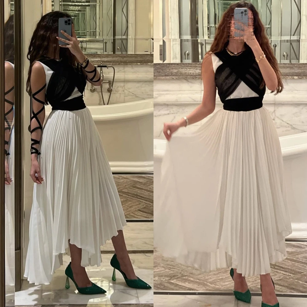 

Evening Sexy Casual Chiffon Draped Pleat Criss-Cross Cocktail Party A-line V-Neck Bespoke Occasion Gown Midi Dresses