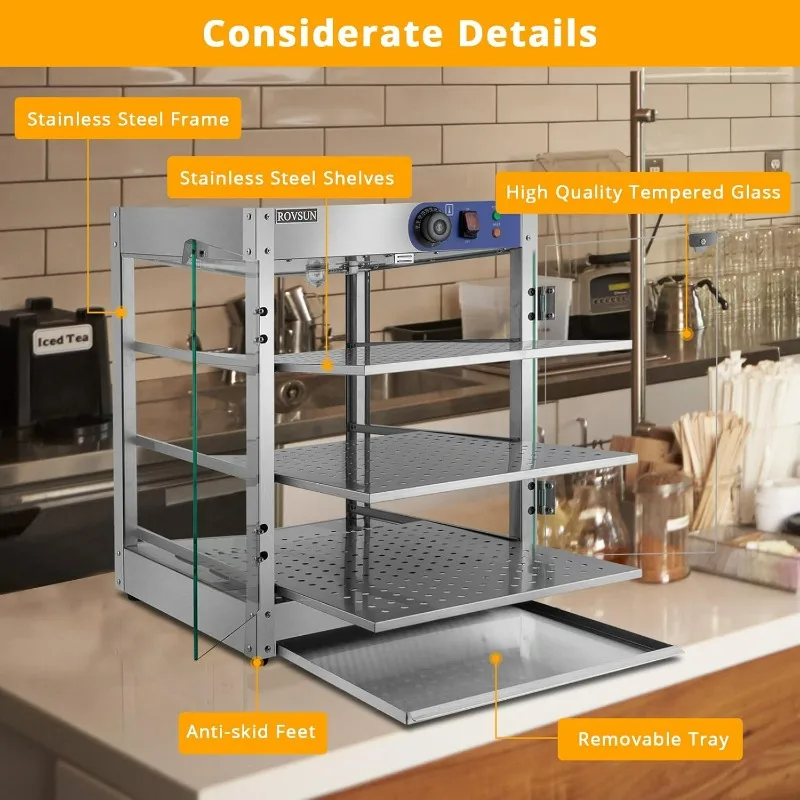 3-Tier Food Warmer, 800W Commercial Food Warmer Display Electric Countertop Food Pizza Warmer with LED Lighting Removable Shelve