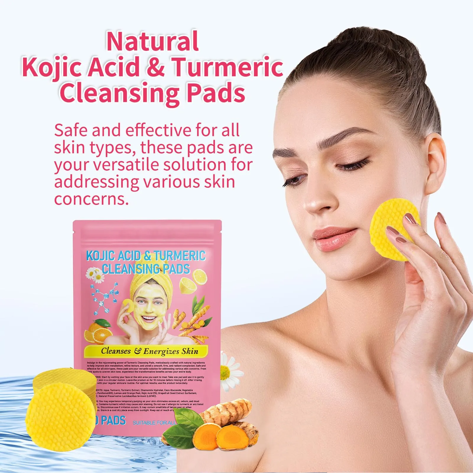 40pcs Natural Ingredients Cleansing Pads Facial Sponges Turmeric Kojic Acid Pads Suitable for All Skin Types