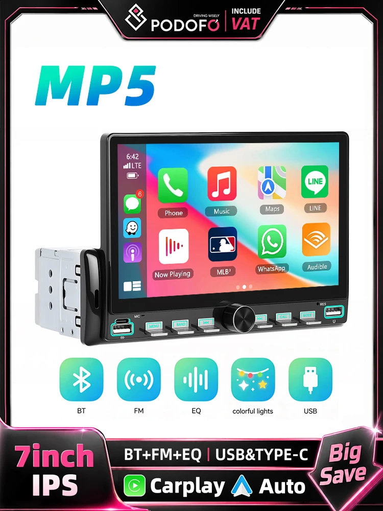 Podofo 7 Zoll 1 Din Autoradio MP5 Multimedia-Player Kabelloses Carplay Android Auto Mirror Link Klaviertasten Videoausgang Gleicher Bildschirm Universeller Auto-MP5-Player HD 1024*600 Touchscreen BT