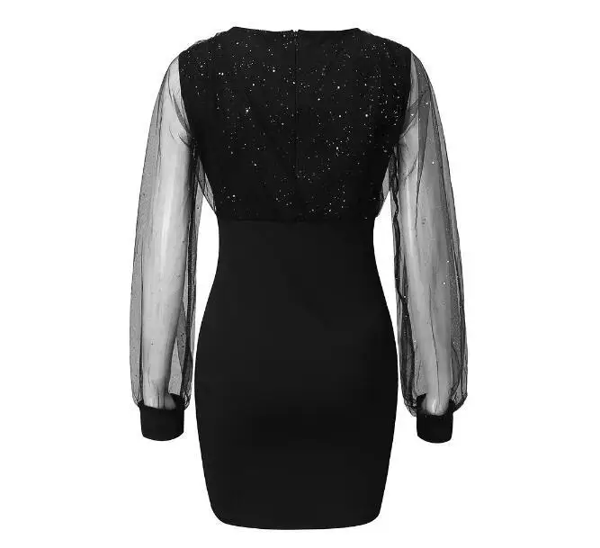 Femmes noir profond V enveloppement avant paillettes embelli maille transparente à manches longues moulante Mini robe décontracté fête soirée mode