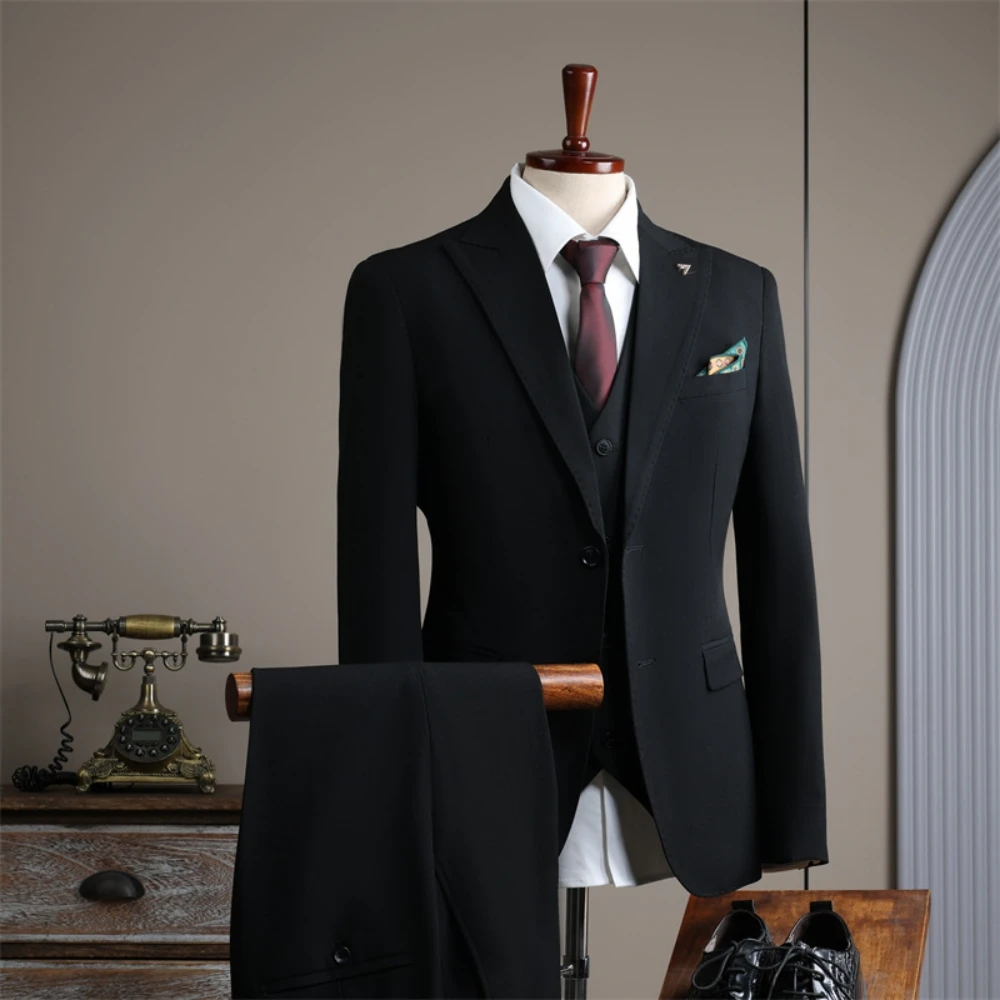 New Men's Slim Fit Business Suit Set 3 Pieces,Classic Graceful Solid Suits For Interview Office,Stylish Peak Lapel Men Tuxedo