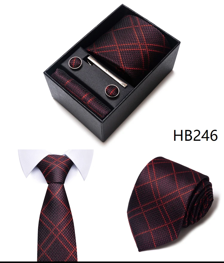 Hochwertige lila gestreifte Krawatte Taschentuch Manschettenknopf Set für Männer Krawatte Urlaub Geschenkbox Anzug Zubehör Hochzeit Gravats – Detail 24