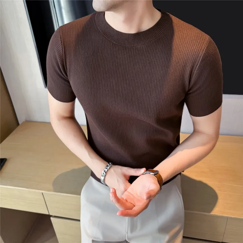 

2026 Summer Breathable Round Neck Knitted T-shirt for Men Short Sleeved Elastic Striped Casual T-shirts Wool Comfort Base Shirts