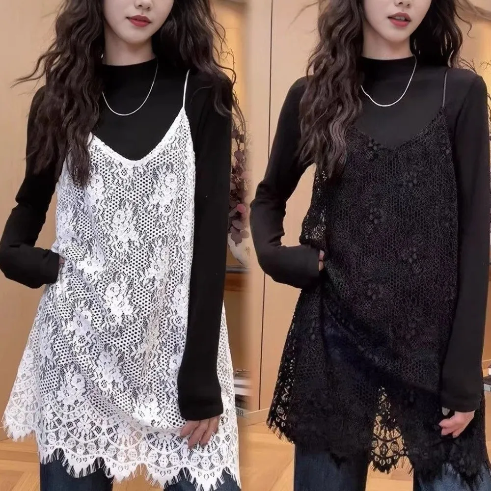 

Fashion Beach Wear Lace Camisole Skirt Sweet Transparent Sling Skirt Petticoat V-neck Lace Mesh Dress Spring Summer