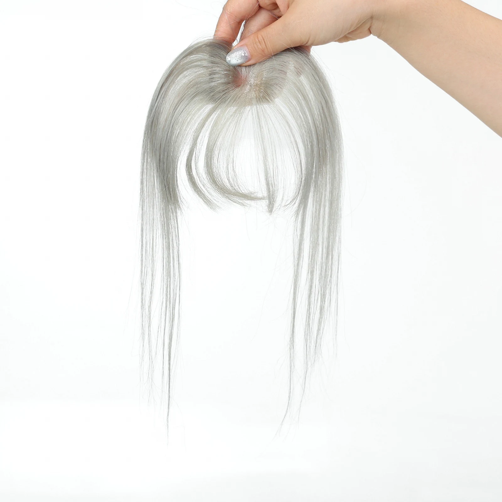 Silver Grey Mono Base Hair Topper with Bangs 100% Remy Human Hair Fringe Hairpiece for Women Thinning Hair Natural Look