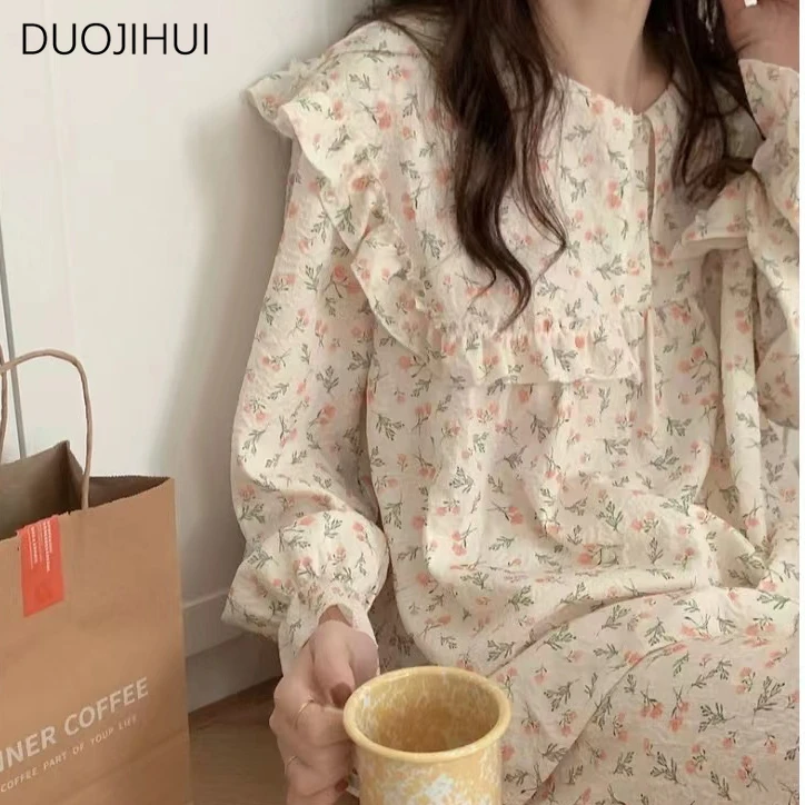 DUOJIHUI Two Piece Ins Autumn Chicly Floral Female Sleepwear Fashion Pullovers Simple Pant Sweet Casual Home Pajamas for Women