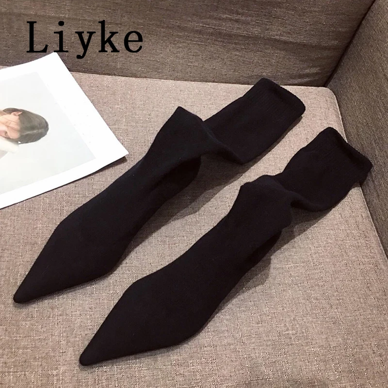 Liyke New Fashion Pointed Toe Thigh High Sock Boots Women Knitting Stretch Fabric Casual Low Thin Heels Over The Knee Shoes Gray