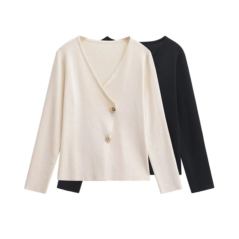 

PB&ZA Fashion Simple and Versatile Solid Color V-neck Long Sleeve Knitted Cardigan 2024 Autumn New Women's Clothing