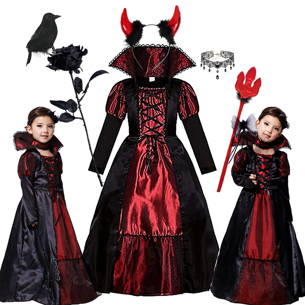 

3PCS Vampire Costume Dress for Kids Girl Fancy Halloween Disguise Party Ghost Cosplay Canival Outfits Devil Girl Costume Dress