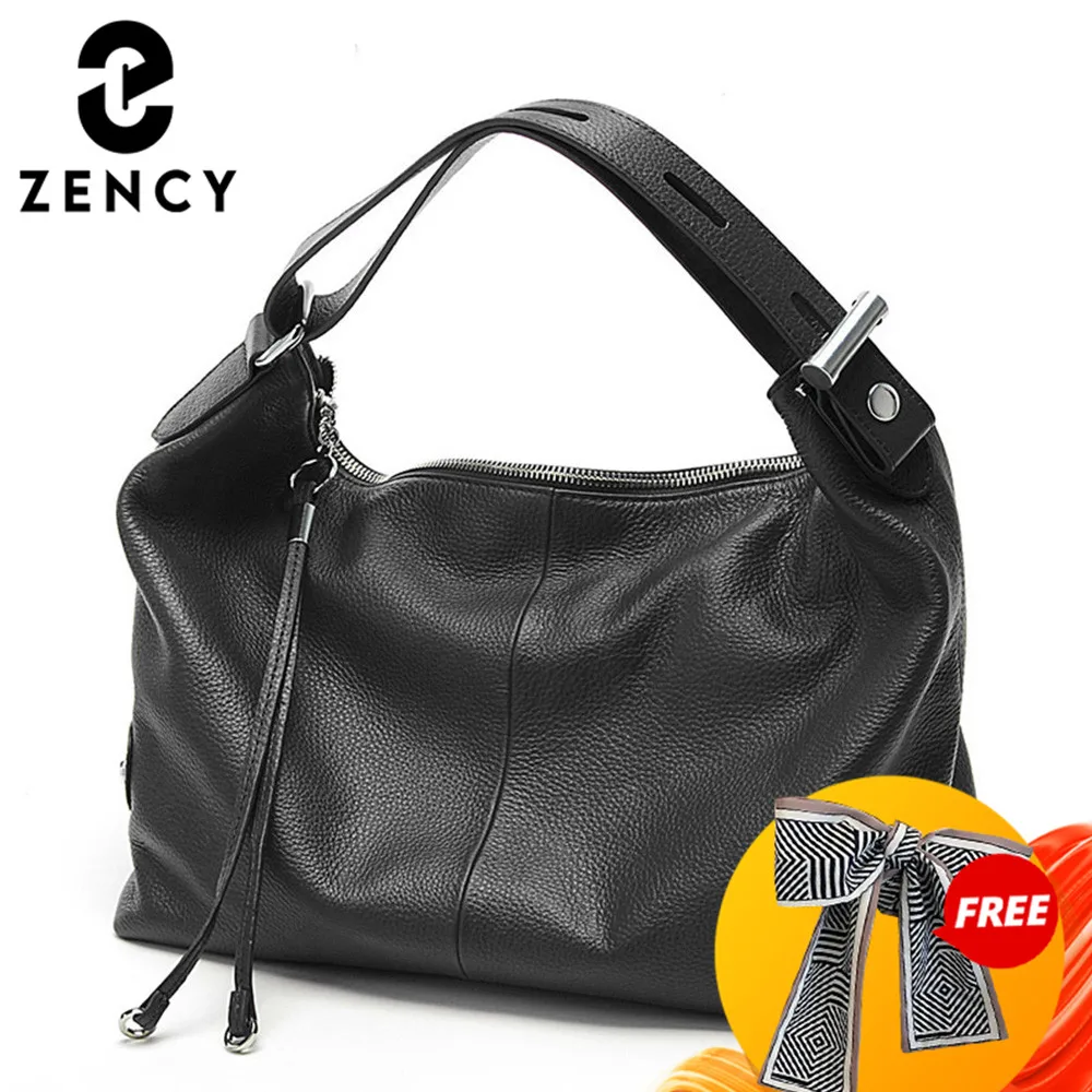 Zency 100% Genuine Leather Large Women Shoulder Bag Tote Adjustable Wide Strap White Handbag Purse Black Hobo Bag Designer Bags