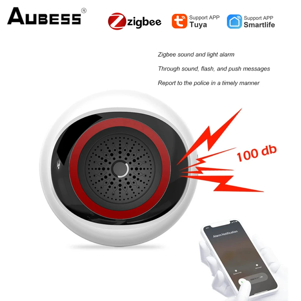 Inteligentny dźwięk i światło Tuya Zigbee Alarm100DB czujnik 2 w 1 bateria Usb podwójna moc inteligentnego domu działa z inteligentnym zygbee Hub