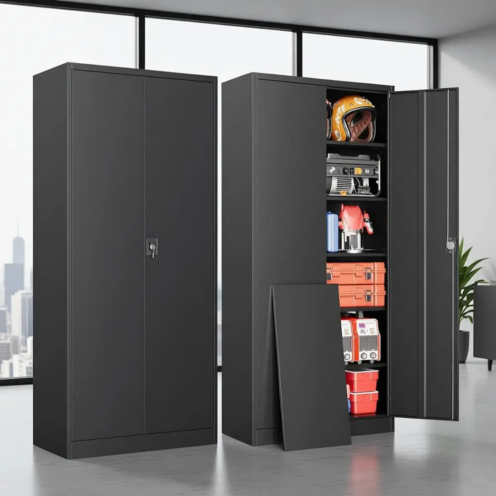 

72-высокий металлический шкаф для хранения с 2 дверцами и 5 регулируемыми полками для дома, офиса и склада (черный)